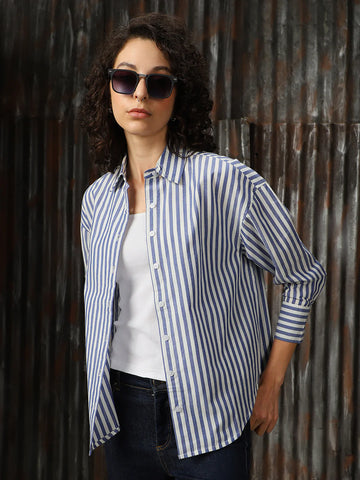 Women Blue Striped Cotton Shirt