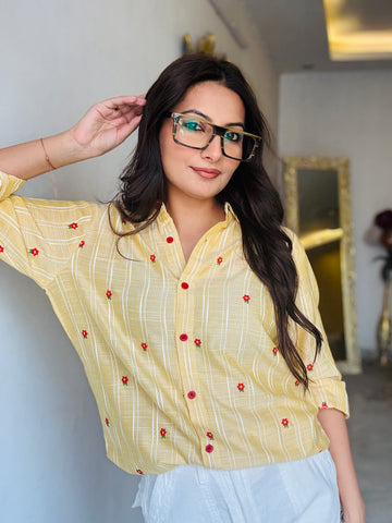 Mustard Yellow Embroidered Cotton Shirt