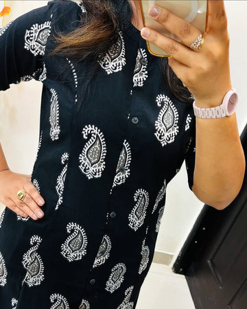 Black Printed A-Line Kurta Set