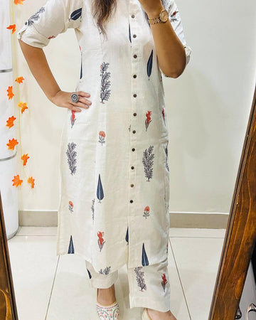 White Printed Cotton Kurta Set