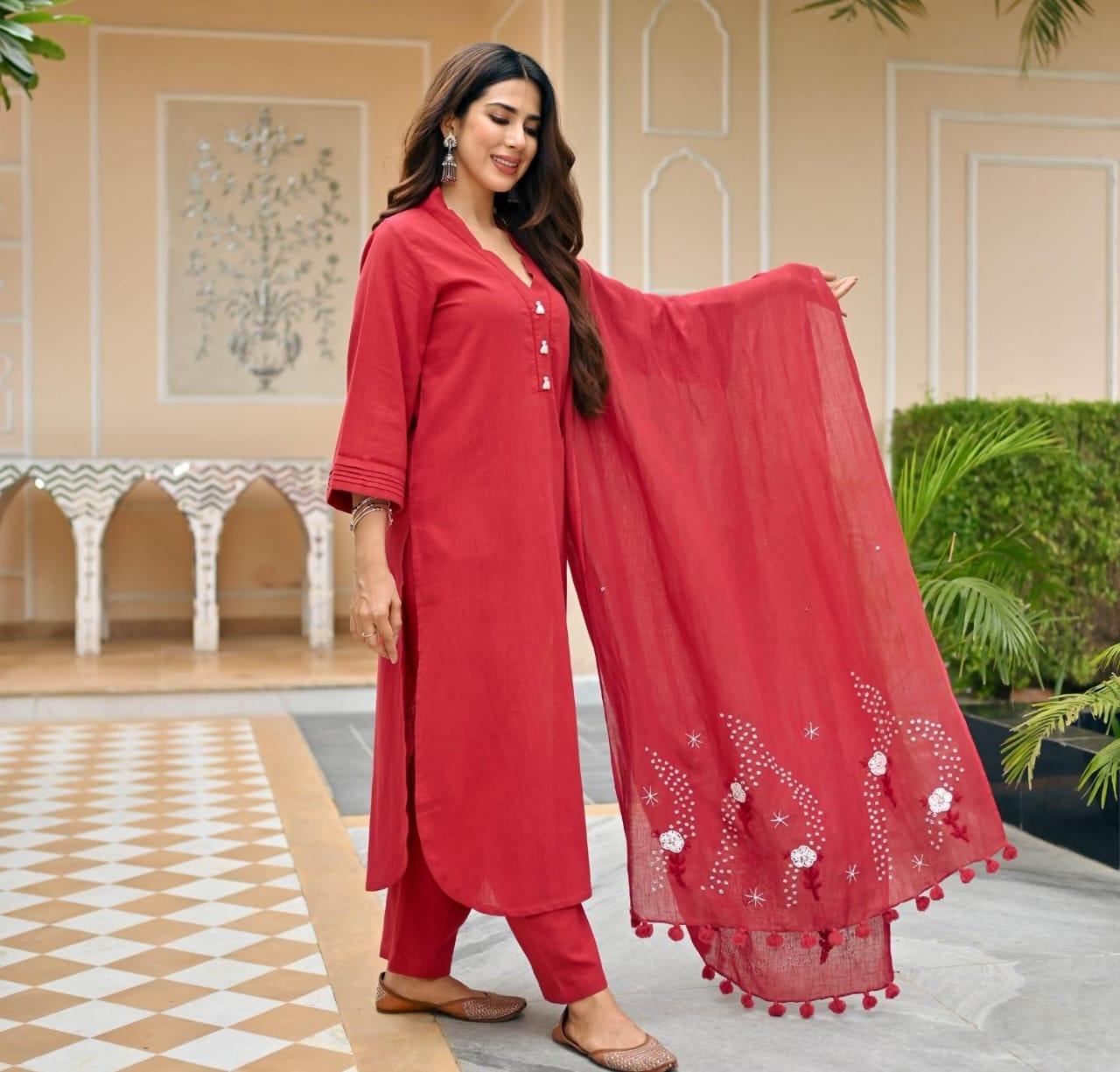 Cotton Red Suit with Mulmal Dupatta - Shukrana Fashion