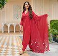 Cotton Red Suit with Mulmal Dupatta - Shukrana Fashion