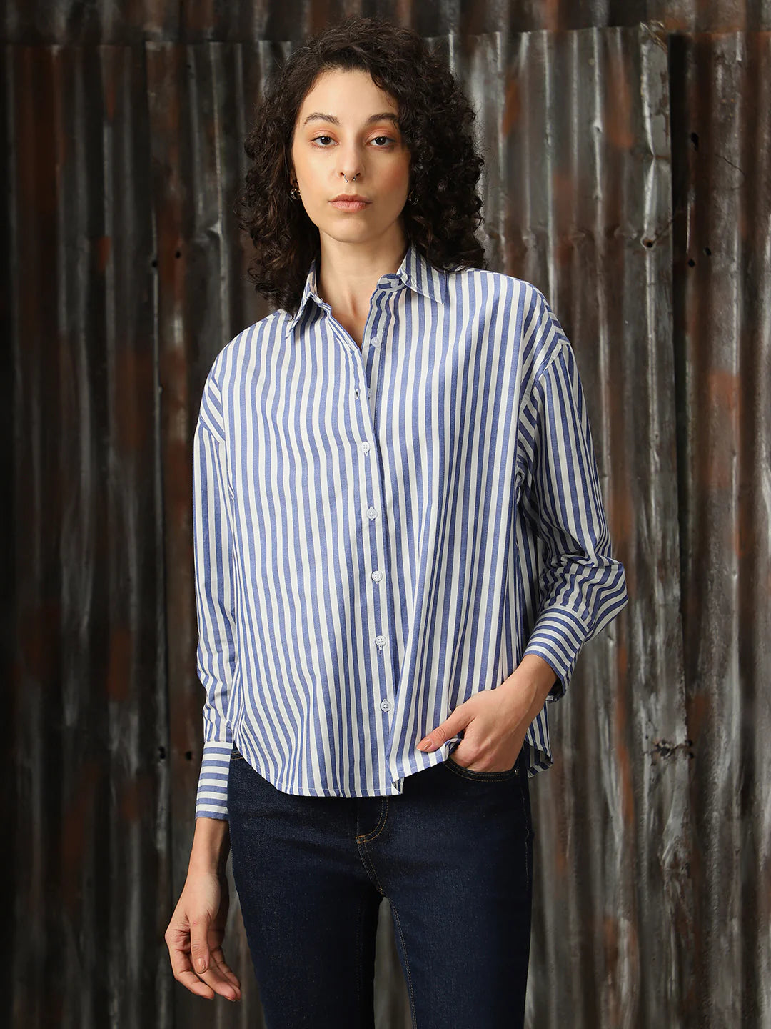 Women Blue Striped Cotton Shirt