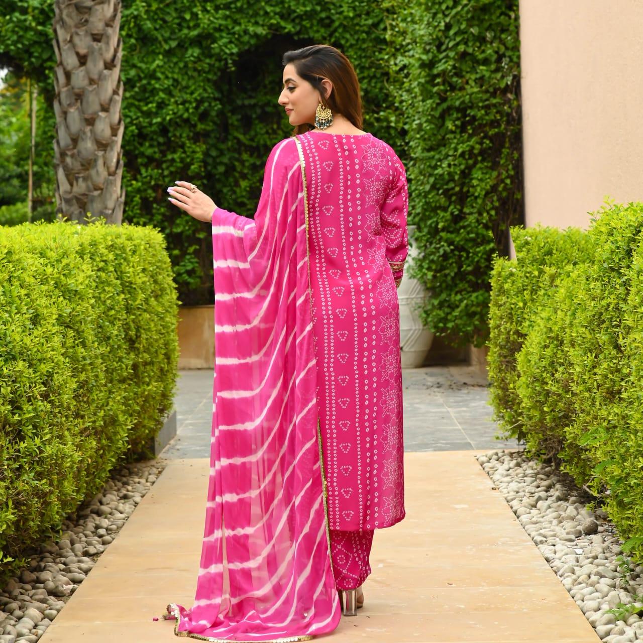 Cotton Bhandej Hot Pink Suit Set - Shukrana Fashion