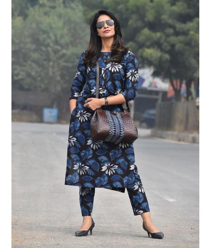 Blue Printed Cotton Kurti Set - Shukrana Fashion