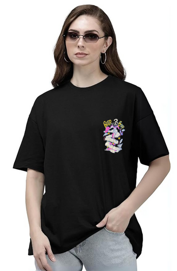 Women Printed Black Oversized Tshirt