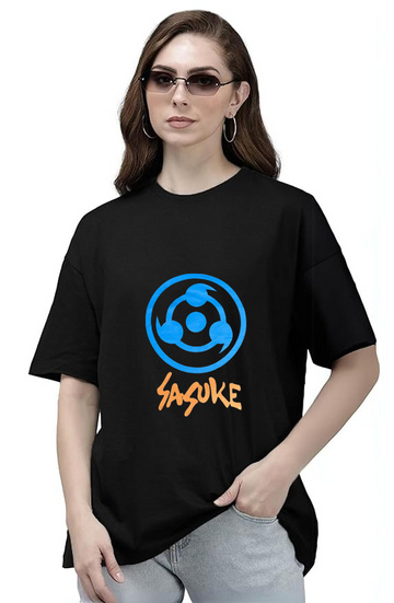 Women Sasuke Printed Black Oversized Tshirt