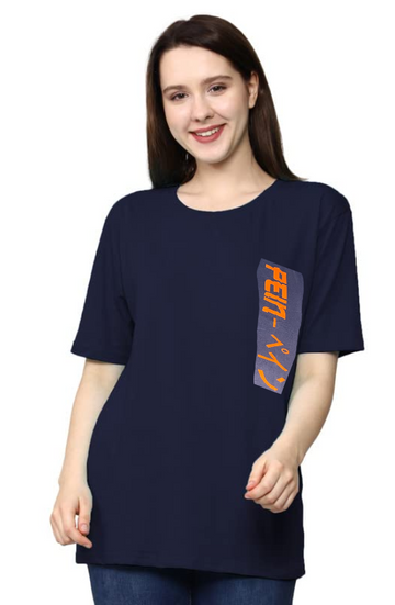 Women Printed Blue Oversized Tshirt