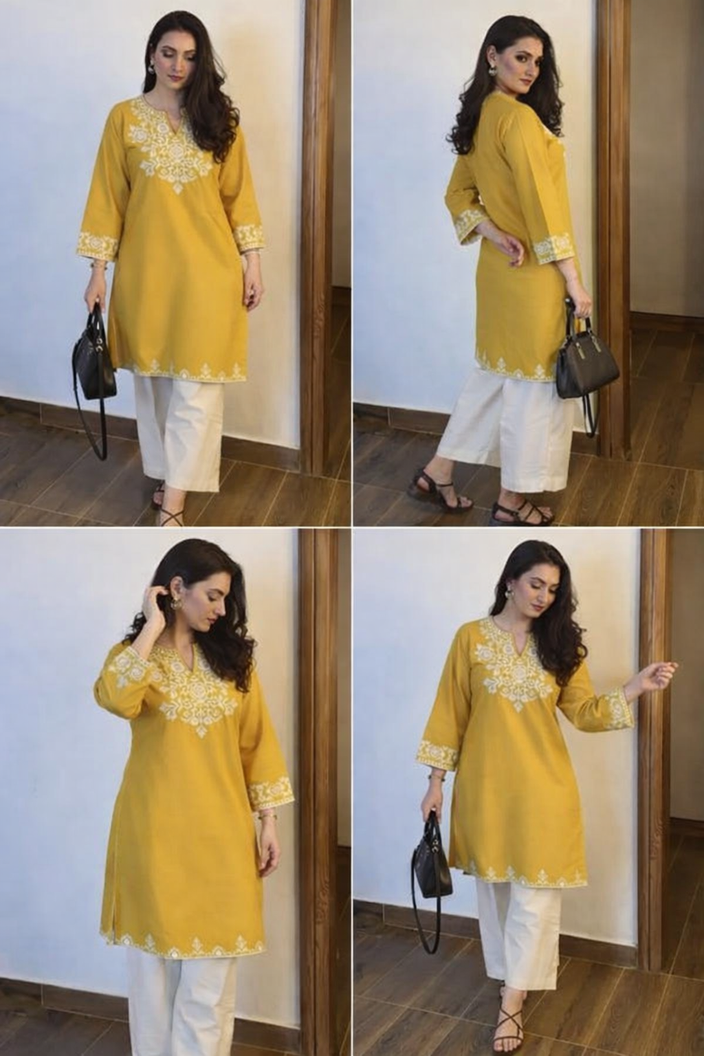 Yellow Cotton Embroidered Cord Set