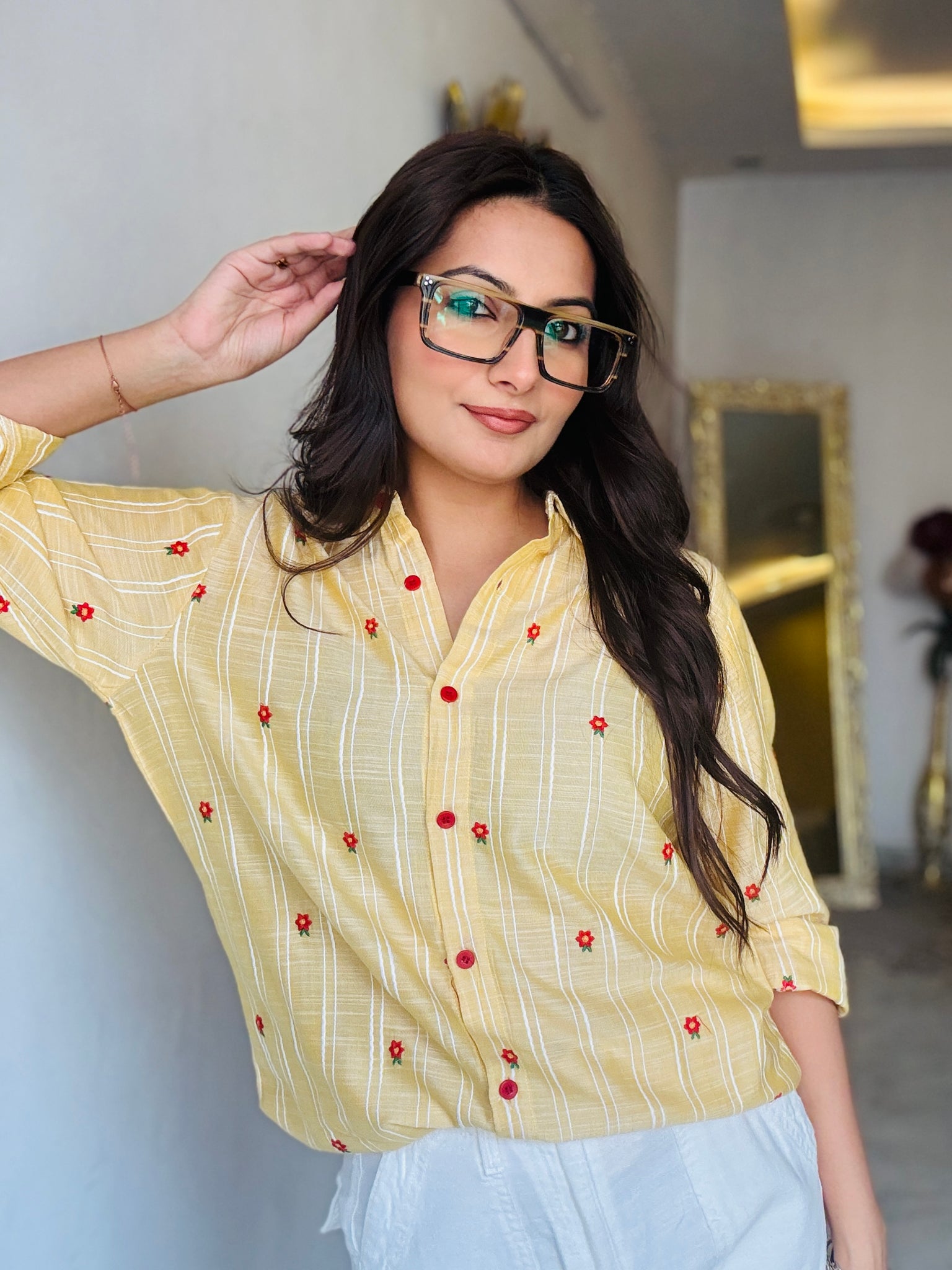 Mustard Yellow Embroidered Cotton Shirt