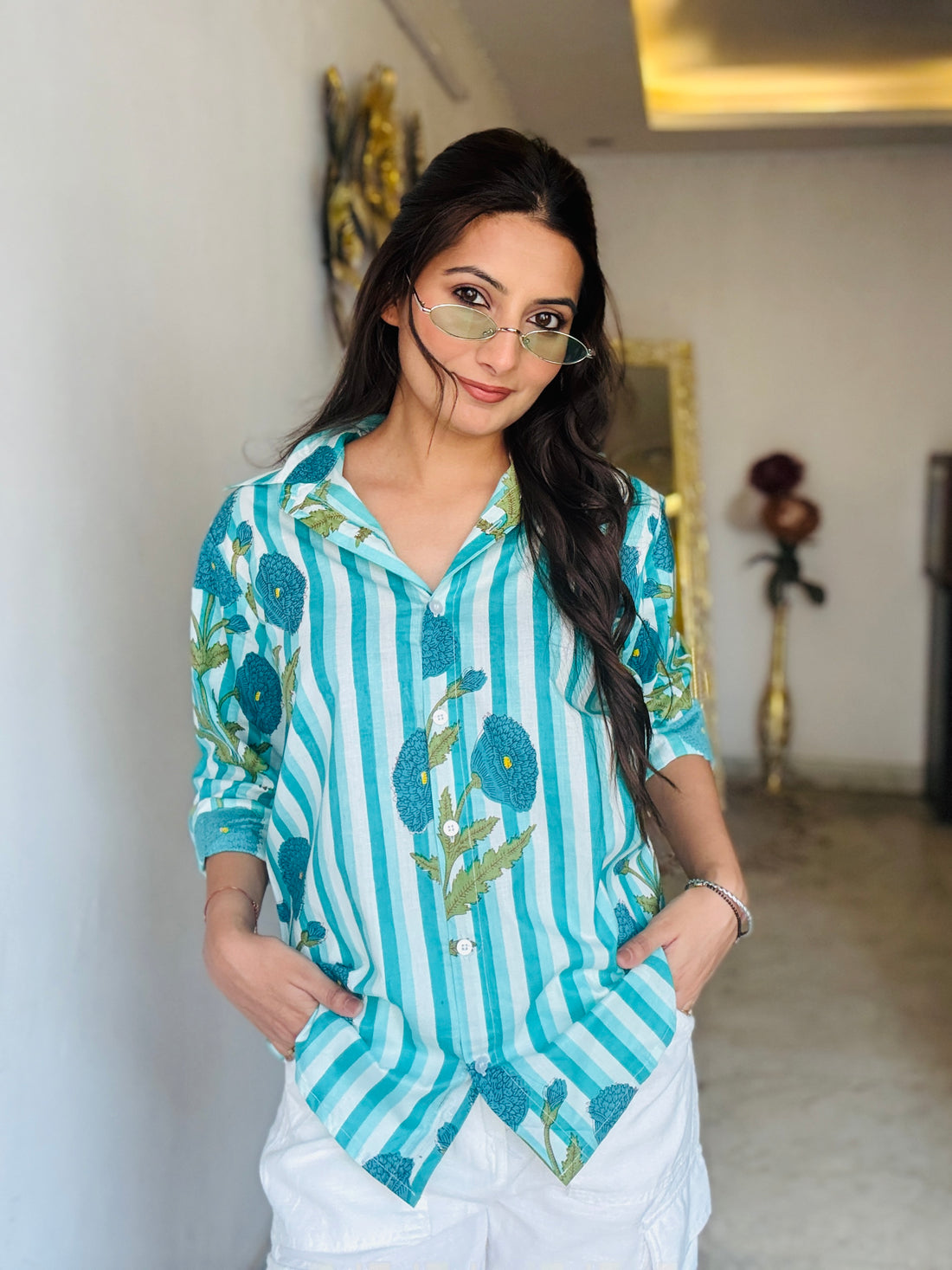 Pink Striped Cotton Floral Print Shirt