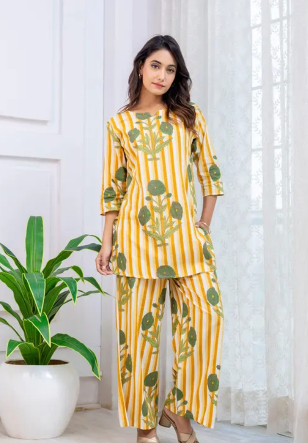Yellow Stripes and Floral Cord Set