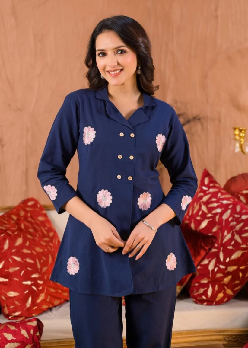 Blue Angrakha Cotton  Cord Set