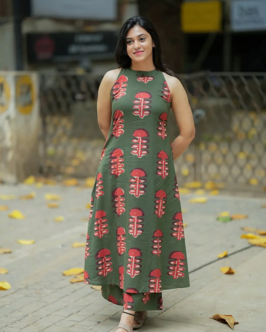 Green Print Cotton Kurta Set
