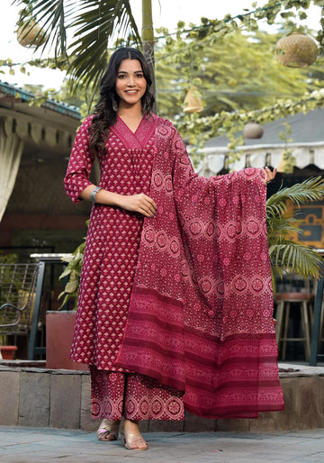 Red Floral Ikkat 3pc Suit Set