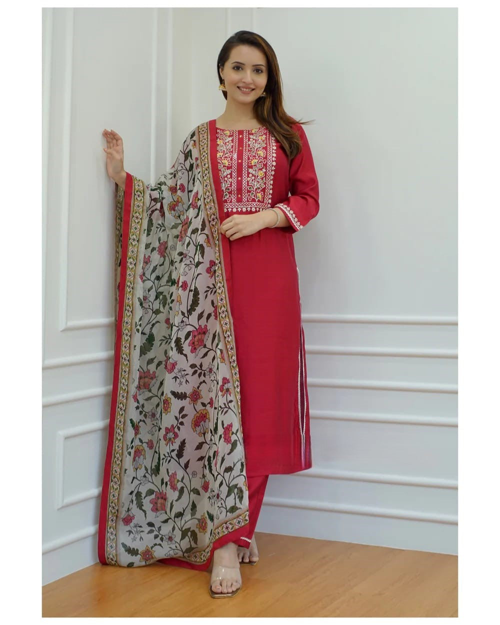 Maroon Embroidery Rayon 3pc Suit