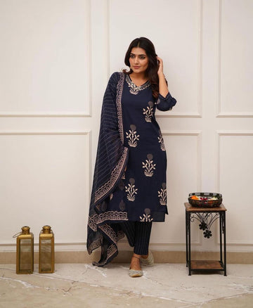 Blue Printed Cotton  Suit Set