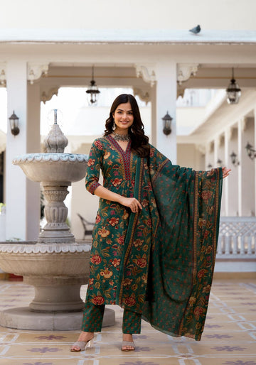 Charming Green Floral Print Cotton 3Pc Suit