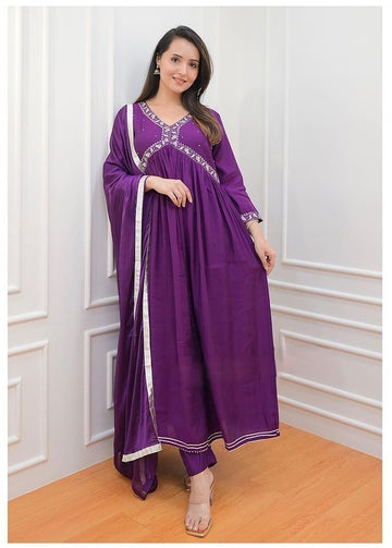 Purple Flared Rayon 3Pc Suit