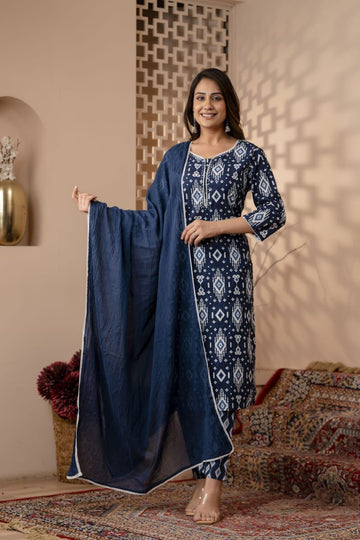 Sanganeri Blue Cotton 3pc Suit