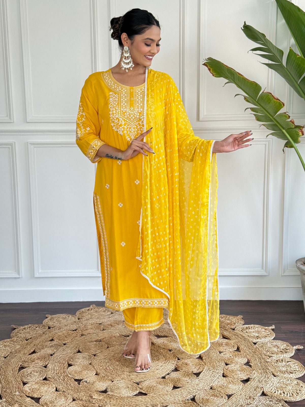 Laddo Yellow Rayon  Embroidery 3pc Suit Set