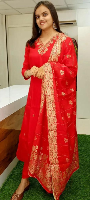 Red  Russian Silk 3 Pcs Suit Set