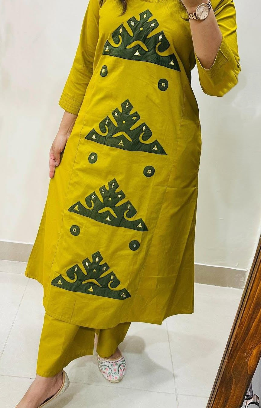 Vibrant Patchwork Cotton Yellow Kurta Set