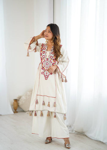 White Elegant Cotton Mirror Work Cord Set