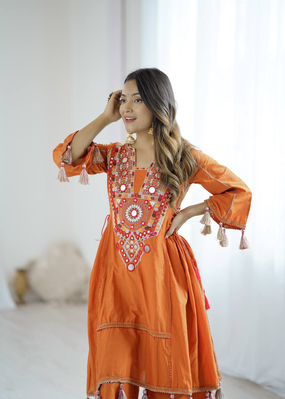 Rust Orange Elegant Cotton Mirror Work Cord Set