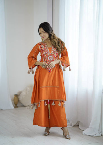 Rust Orange Elegant Cotton Mirror Work Cord Set
