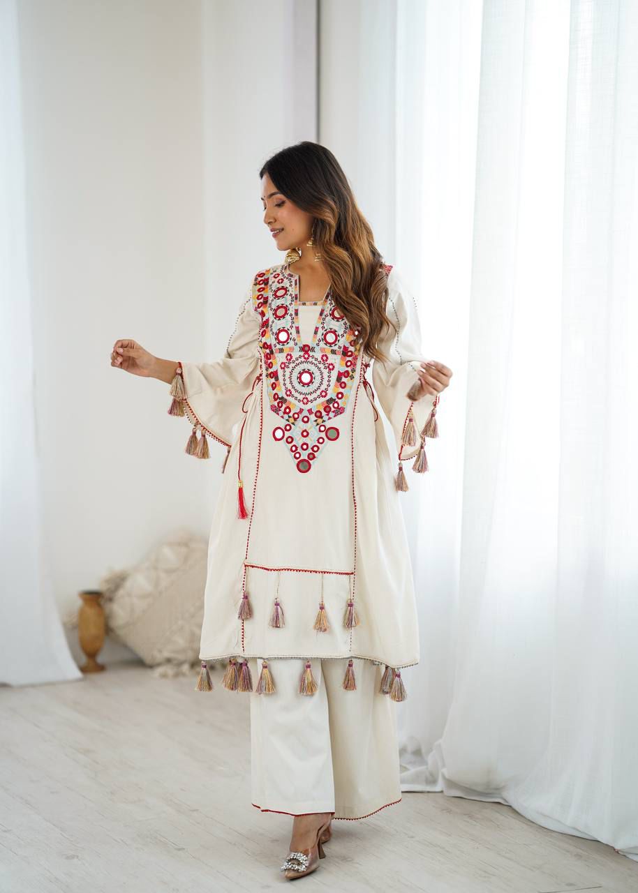 White Elegant Cotton Mirror Work Cord Set