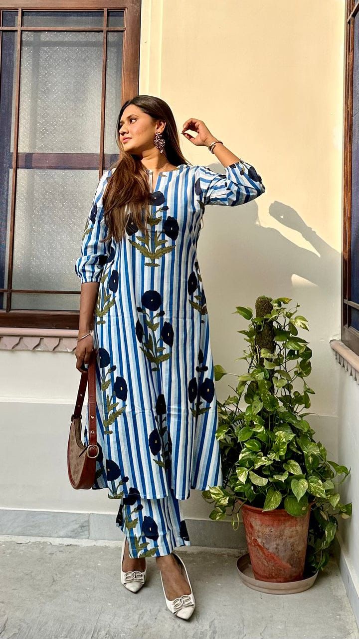 Blue Hand Block Printed in Cotton Kurta Set