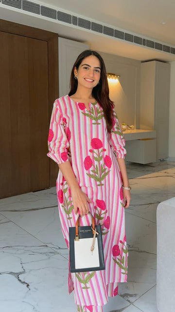 Red Hand Block Printed in Cotton Kurta Set