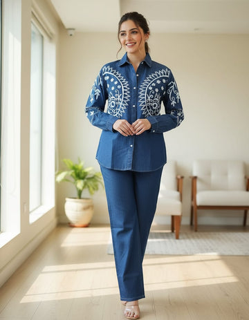 Indigo Embroidered Denim Cord Set