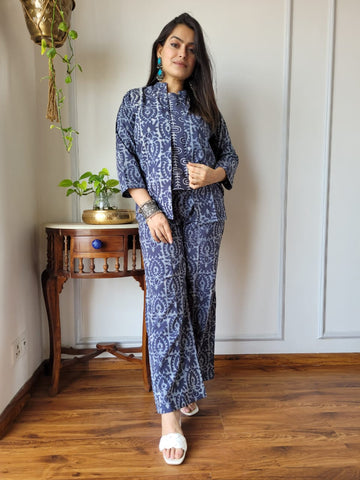 Blueish Grey Hand Block 3PC Cotton Co-ord Set