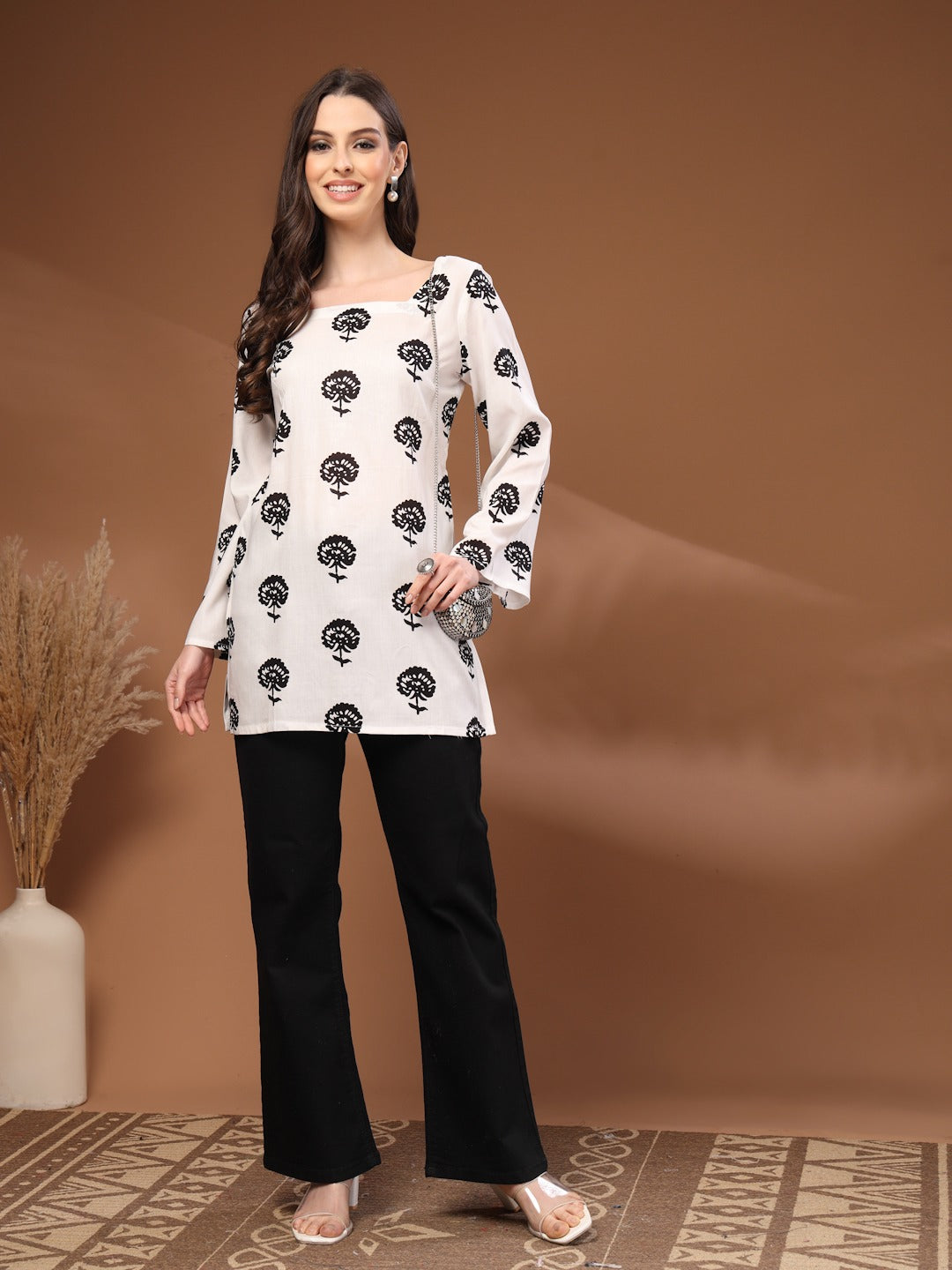 White Printed Square-Neck with Bell Sleeve Tunic