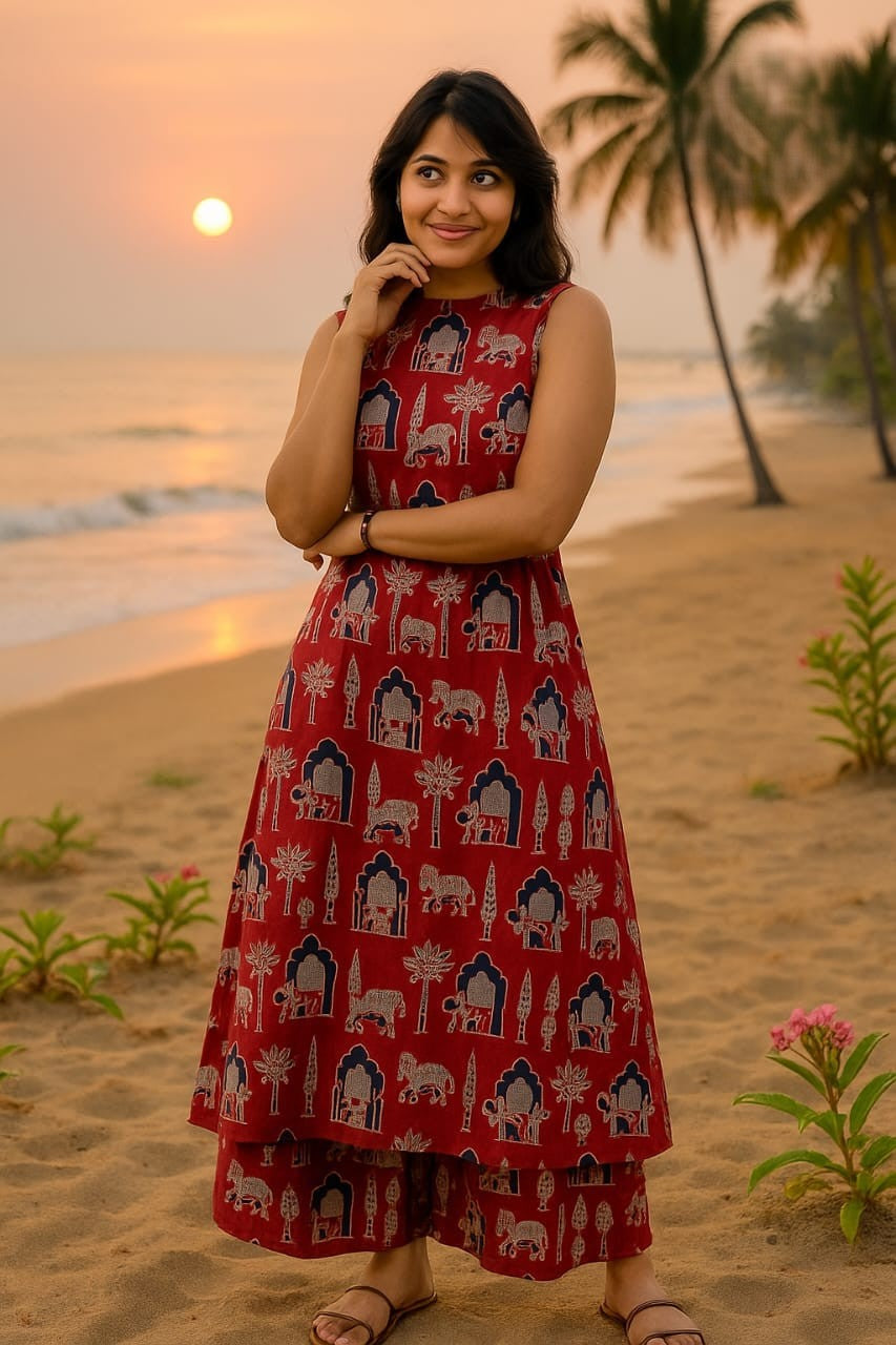 Red Print Cotton Kurta Set