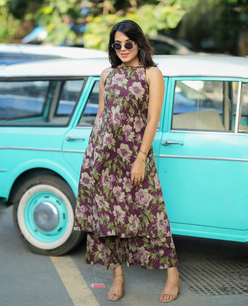 Wine Printed Cotton Kurta Set