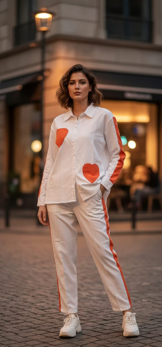 Orange Heart Print Cotton Cord Set