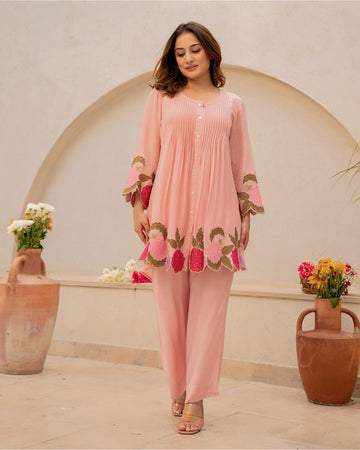 Rose Pink Embroidered Cotton Cord Set