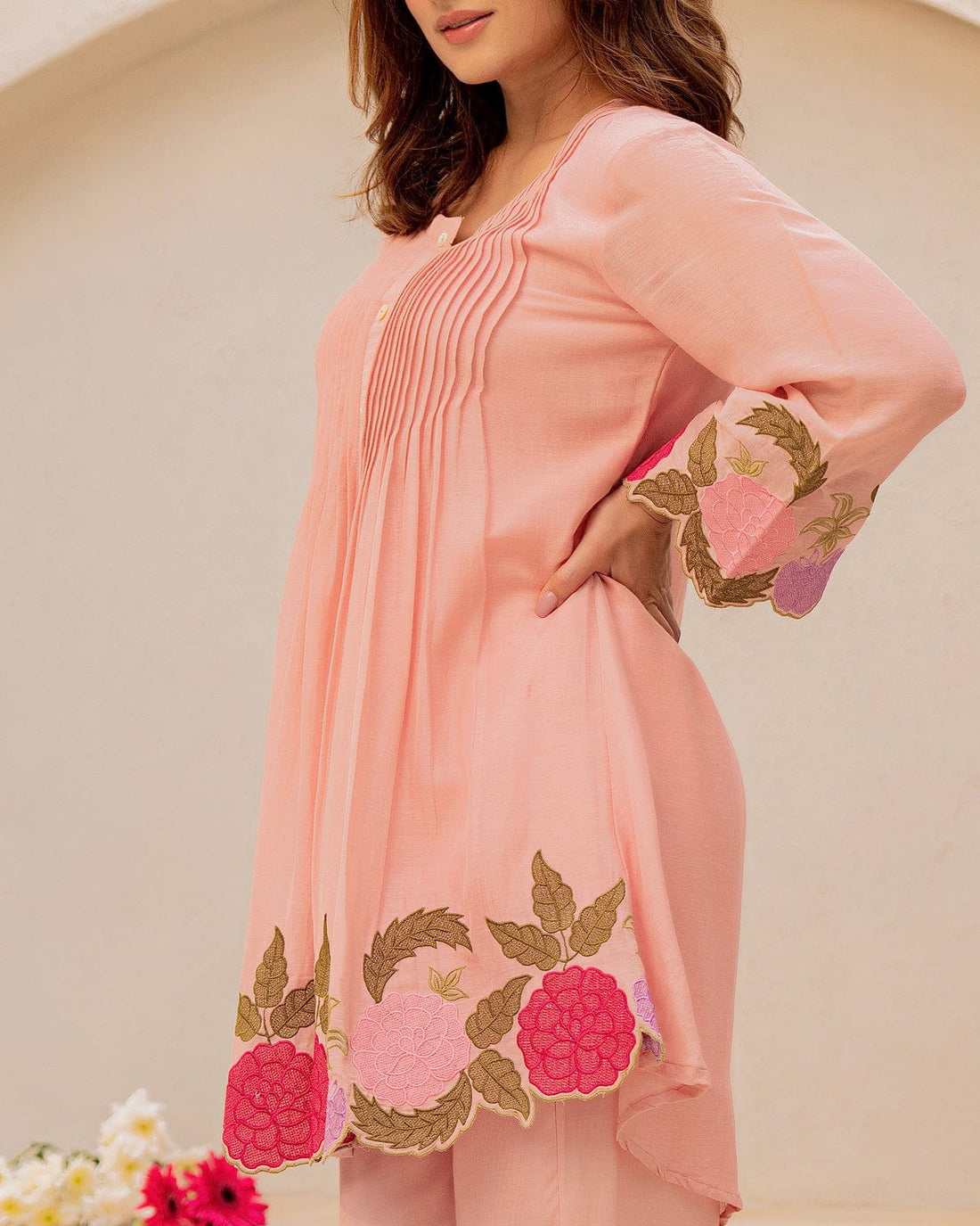 Rose Pink Embroidered Cotton Cord Set
