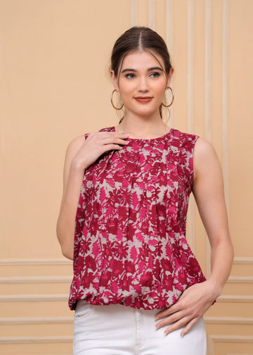 Red Sleeveless Printed Cotton Top