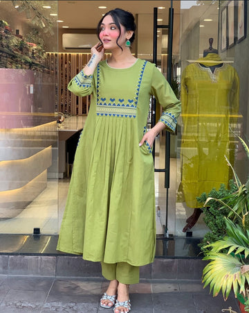Green Embroidered Cotton Kurti Set