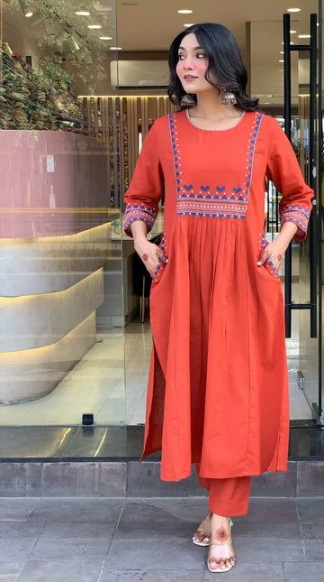 Orange Embroidered Cotton Kurti Set