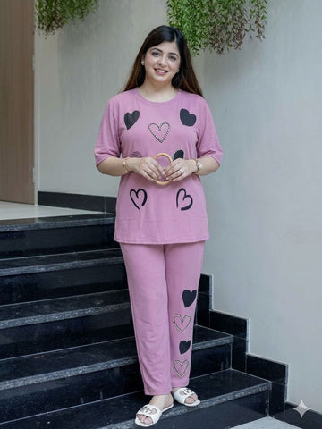 Pink Cotton Lycra Heart Print Cord Set