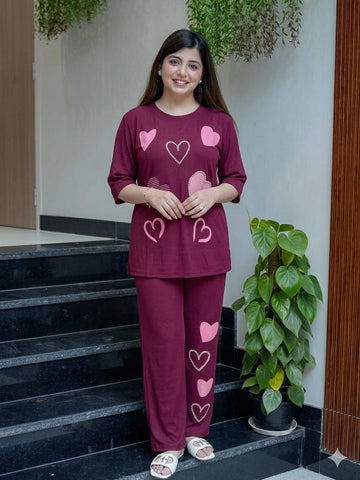 Wine Cotton Lycra Heart Print Cord Set