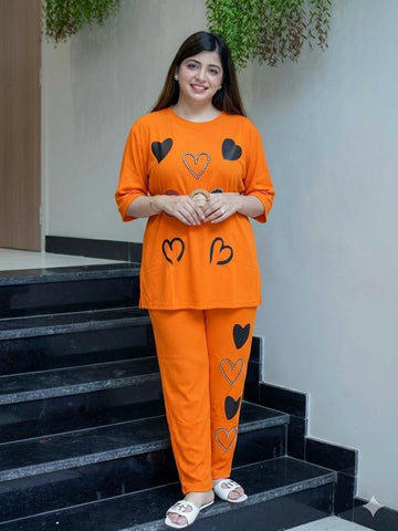 Orange Cotton Lycra Heart Print Cord Set