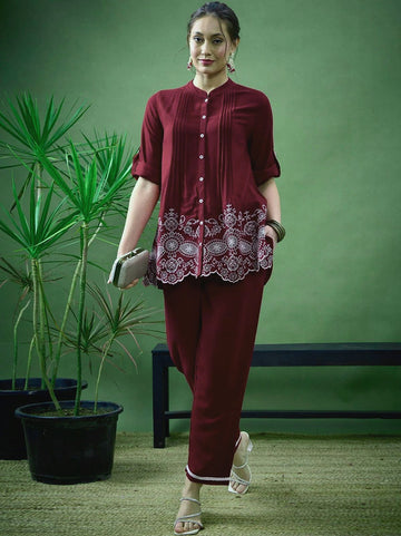 Wine Embroidered Cotton Cord Set for Women