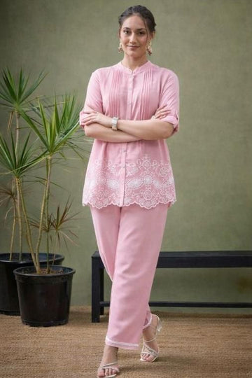 Pink Embroidered Cotton Cord Set for Women