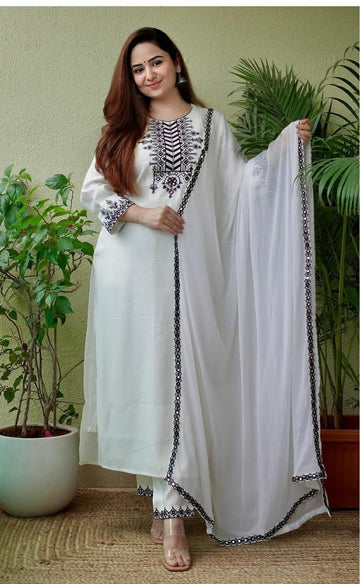 White Embroidery Rayon  3PC Suit